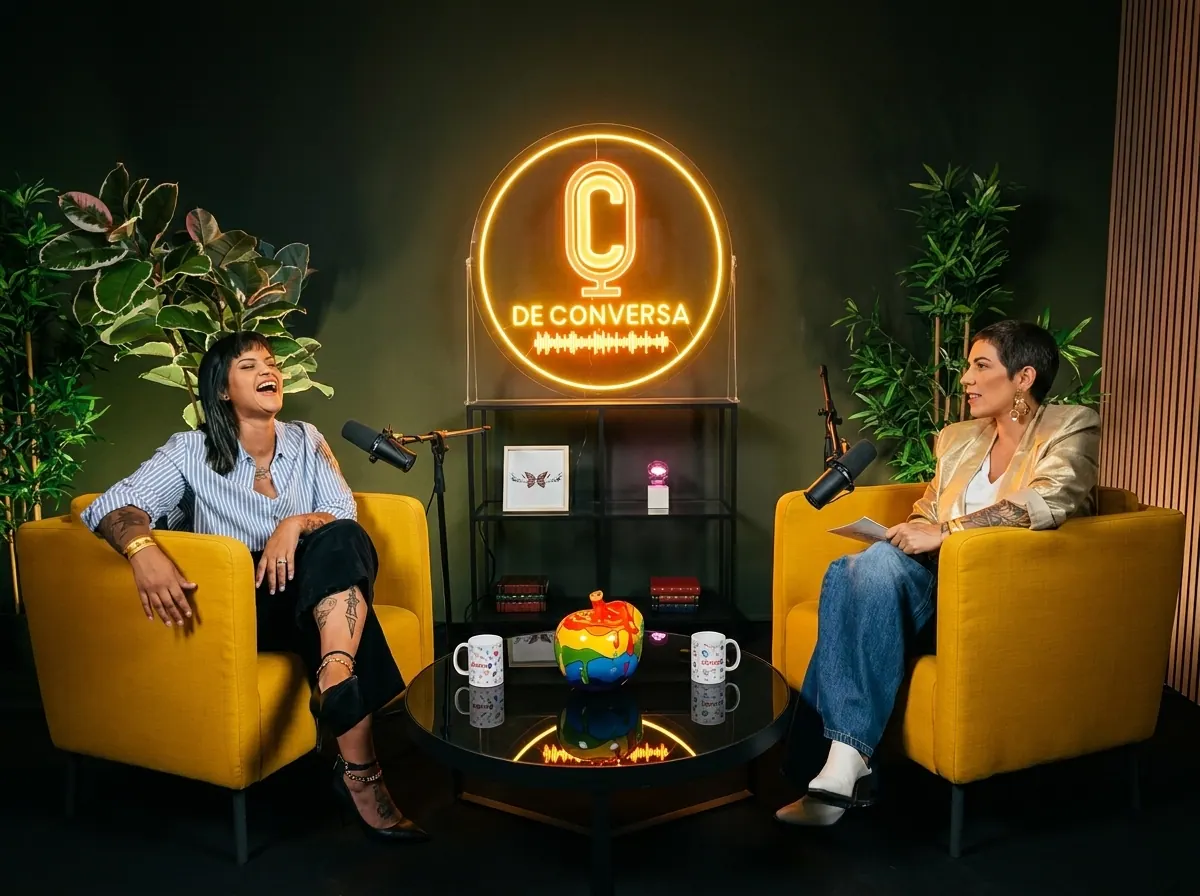 Yellow sofa setup in the Lisbon podcast studio