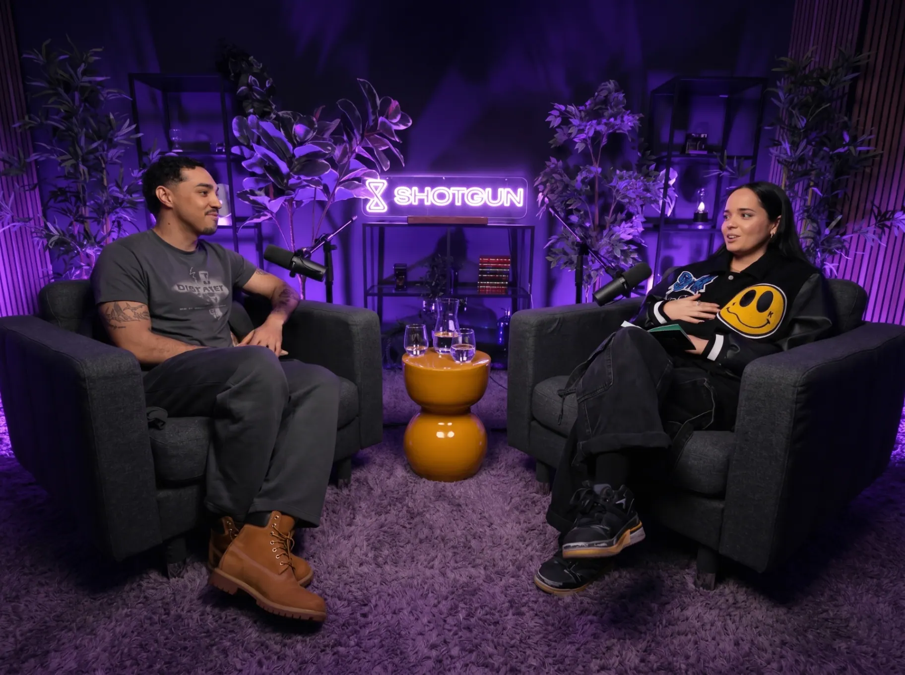 Grey sofa setup in the Lisbon podcast studio